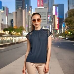 Cable & Gauge Women's Black Lace Short Sleeve Funnel Neck Blouse L Crochet G+